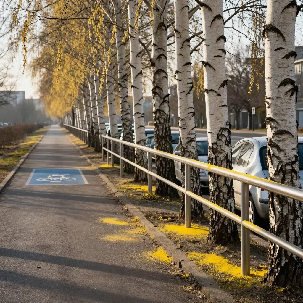 Björkar vid cykelväg med pollen i luften och gult damm på räcke och biltak.