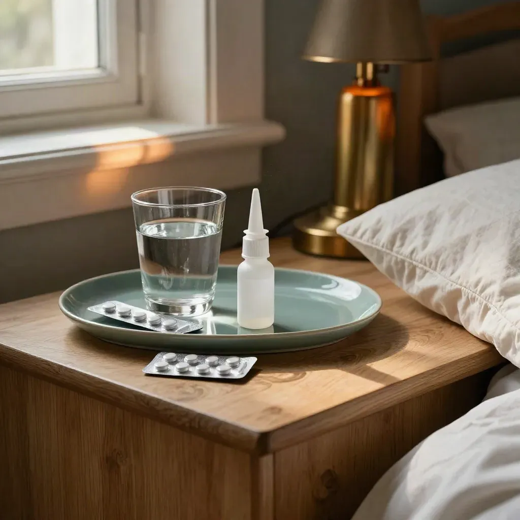 Antihistamin, nässpray, vatten och örngott på nattduksbord vid varm lampa.